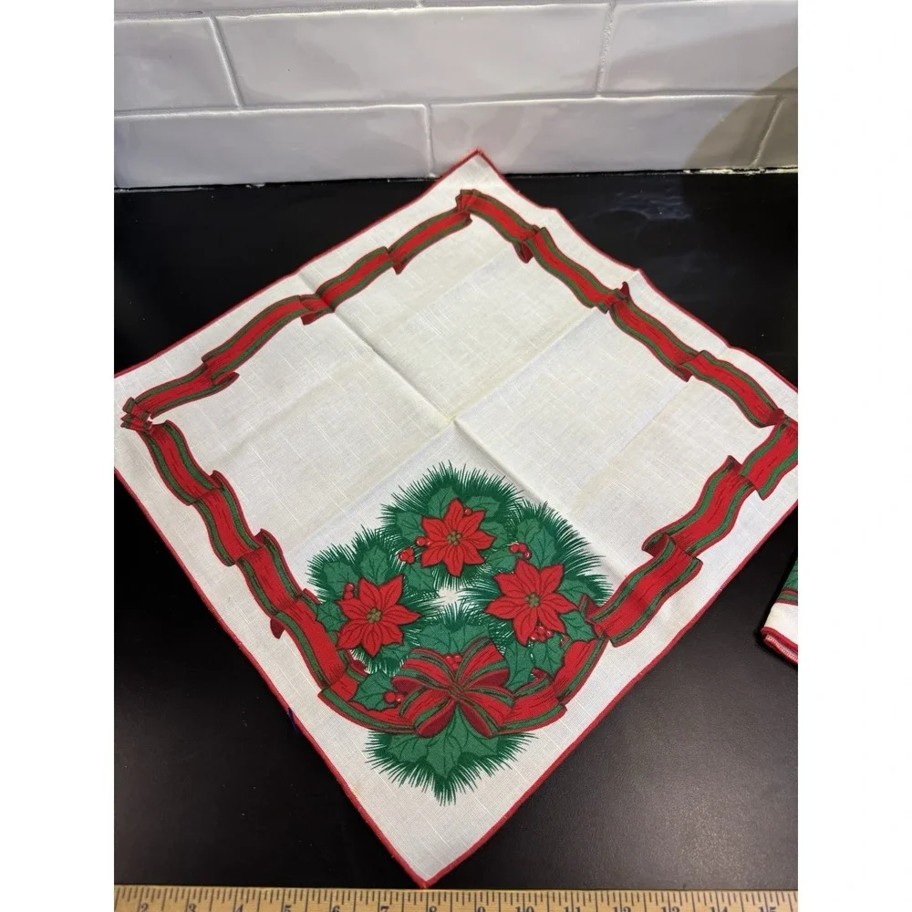 Poinsettia Holly Napkins Christmas Flower Red Green Set Of 3 Vintage‎ Brazil